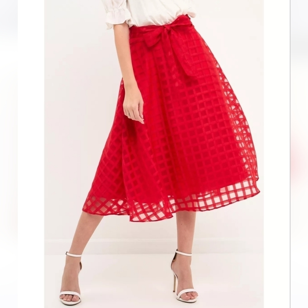 English Factory Red Plaid Organza Fit And Flare Holuday Skirt - Picture 1 of 15